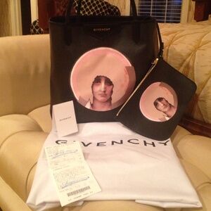Givenchy Black Tote with Pink Portrait Motif and Zip Pouch